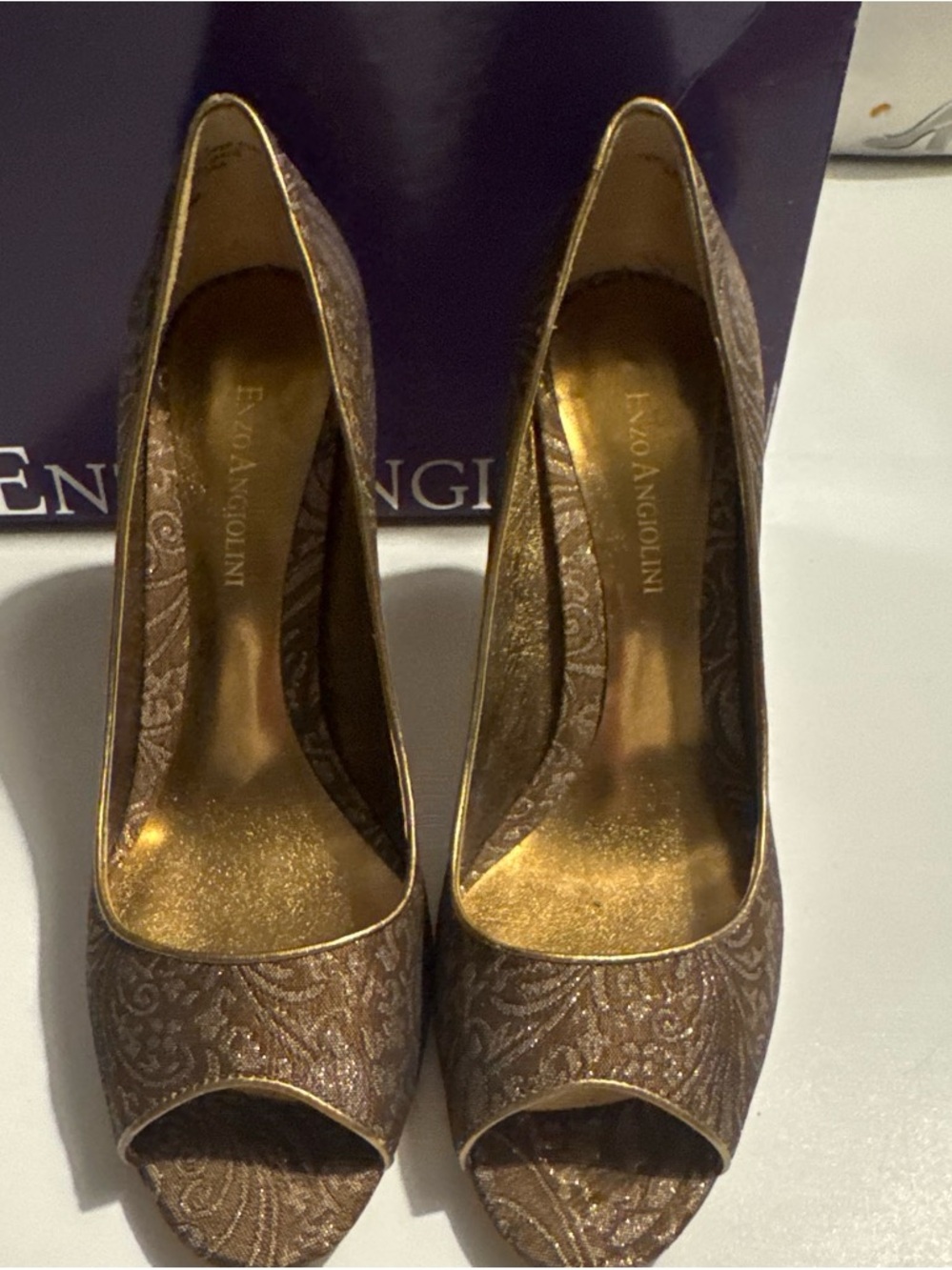 Enzo Angiolini Metallic Bronze Paisley Peep-Toe Heels